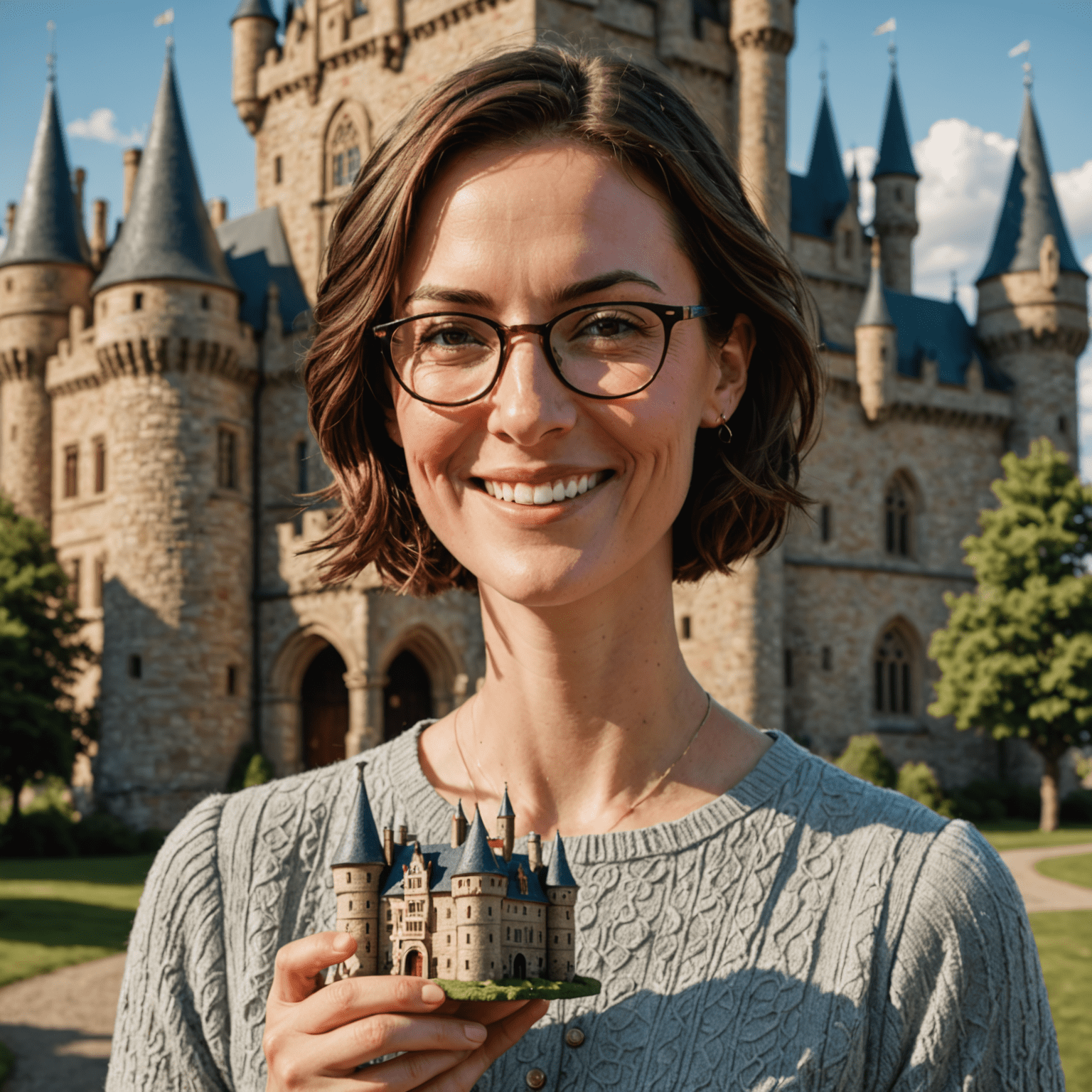 Portrait of Sarah Thompson, a woman in her 30s with short brown hair and glasses, smiling while holding a detailed miniature castle