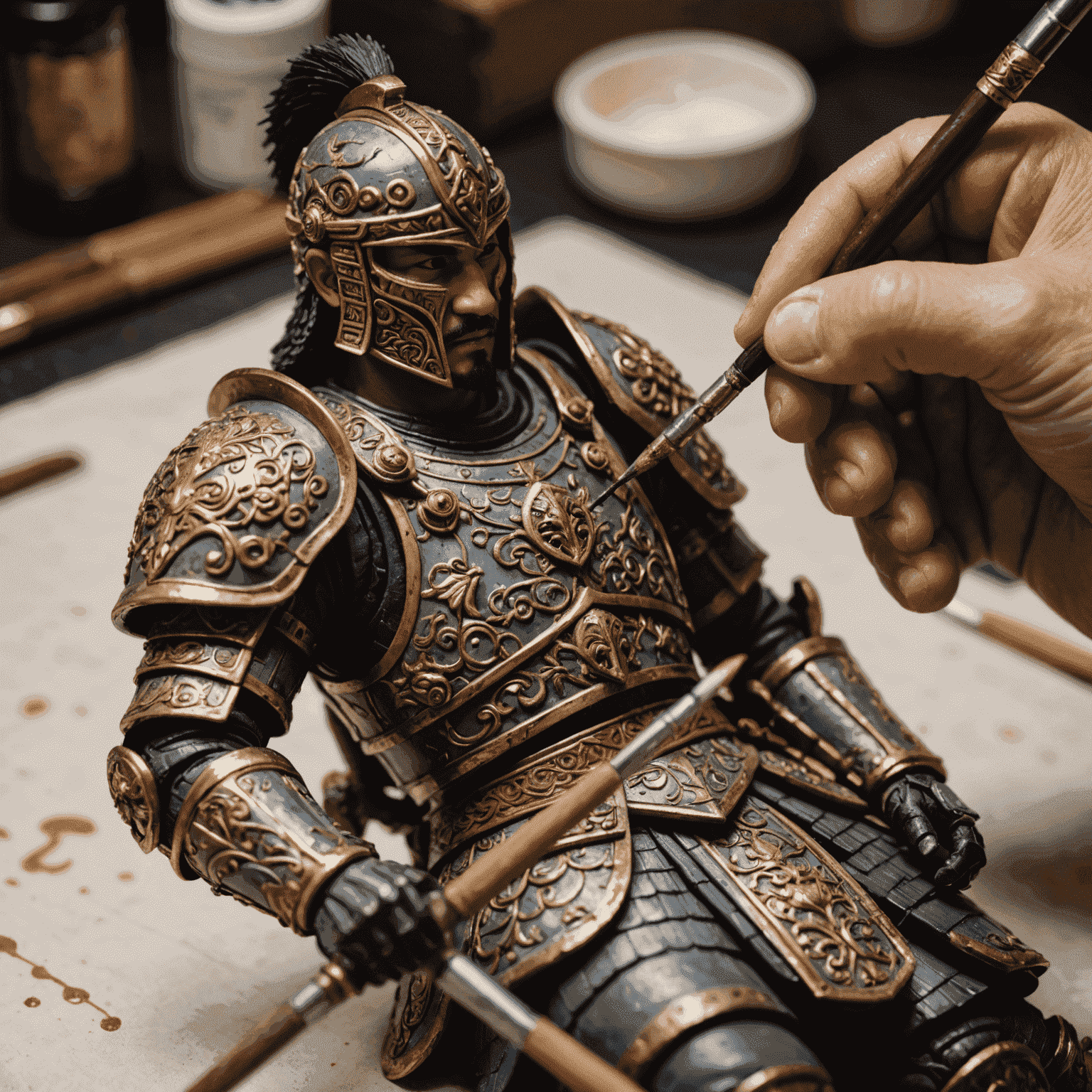A close-up of a miniature figure being painted with intricate details. A small brush is visible, applying fine lines to a warrior's armor.
