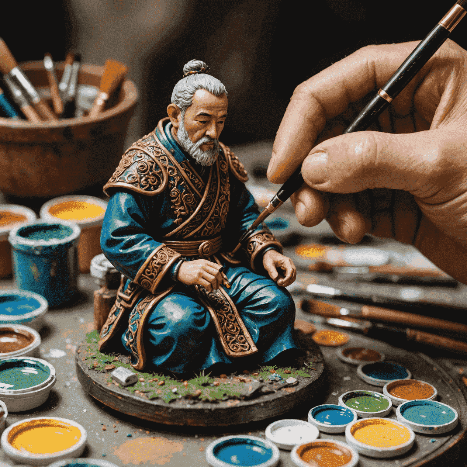 A close-up of a miniature figure being painted with intricate details, showing various brushes and paints