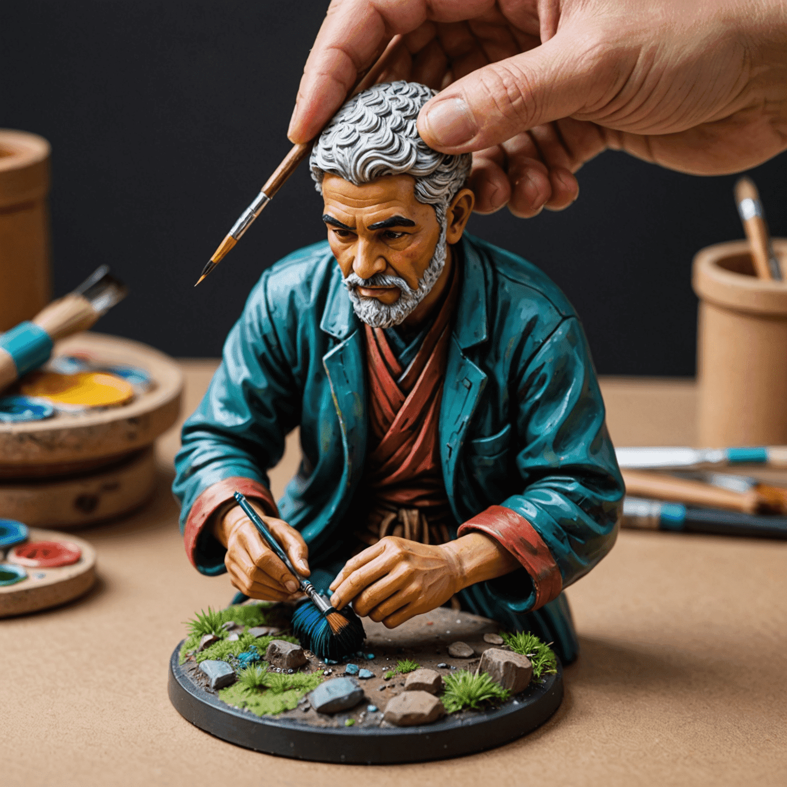 A detailed miniature figurine being painted with a fine brush, showcasing intricate details and vibrant colors