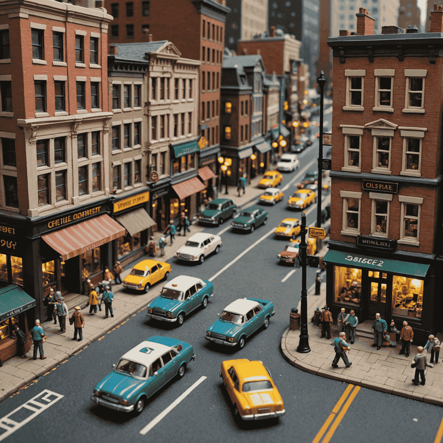 A detailed miniature diorama showcasing a bustling city street with tiny people, vehicles, and buildings, all meticulously crafted to scale
