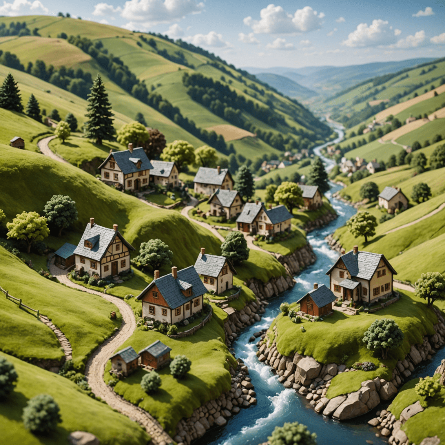A detailed miniature landscape featuring rolling hills, a small village, and a winding river. The terrain is meticulously crafted with various textures and colors to create a realistic miniature world.