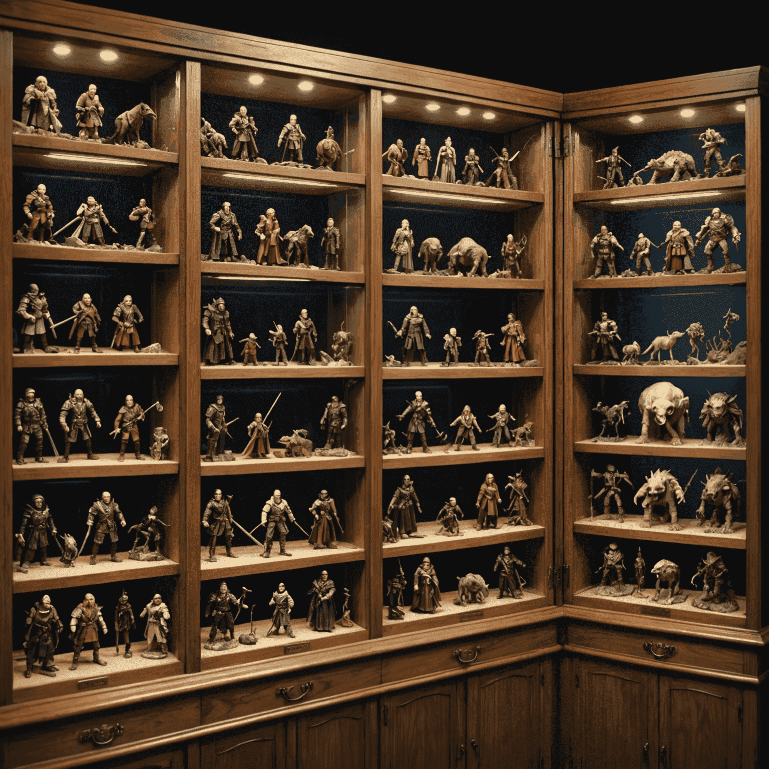 A display case showcasing a variety of rare and limited edition miniatures, including detailed fantasy creatures, historical figures, and sci-fi characters