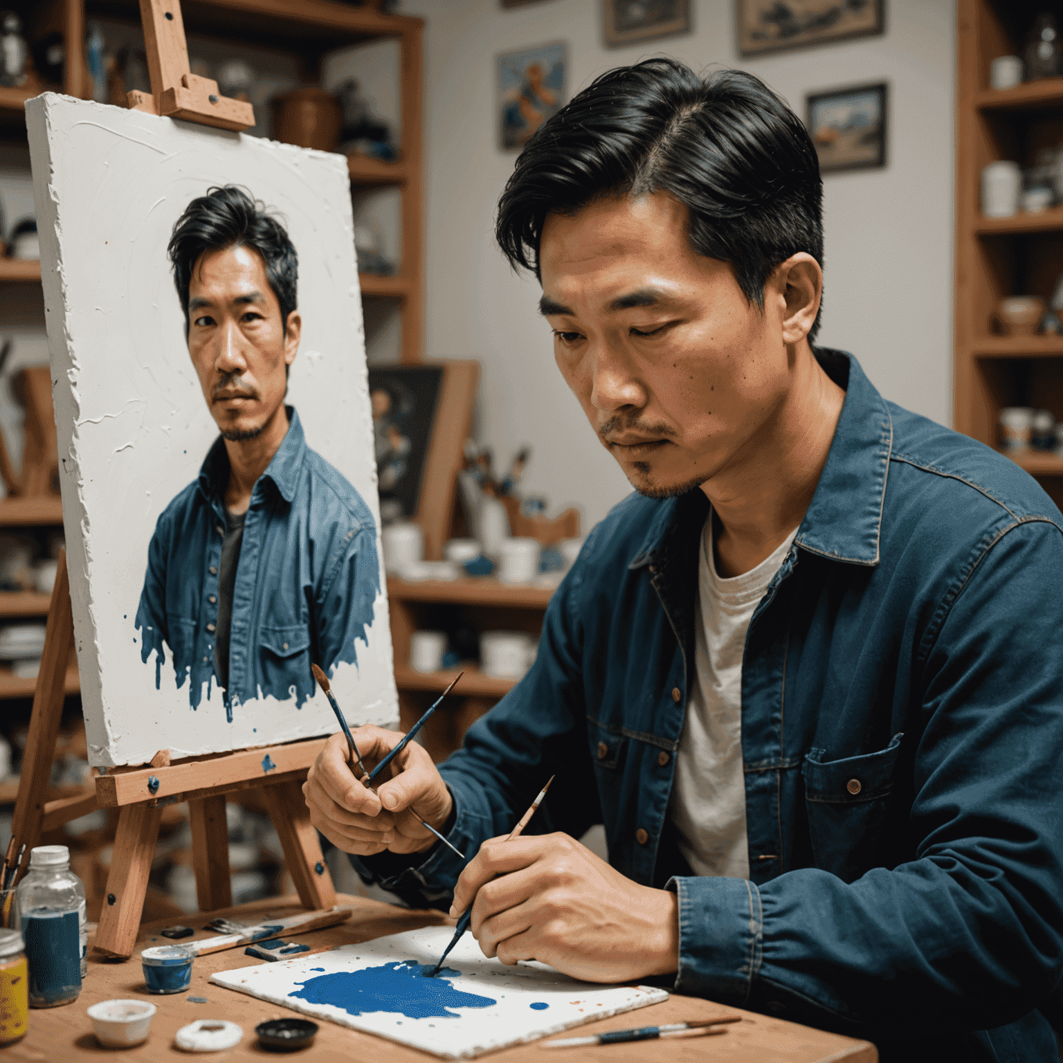 Portrait of Michael Chen, an Asian man in his 40s with black hair, focused while painting a miniature figurine