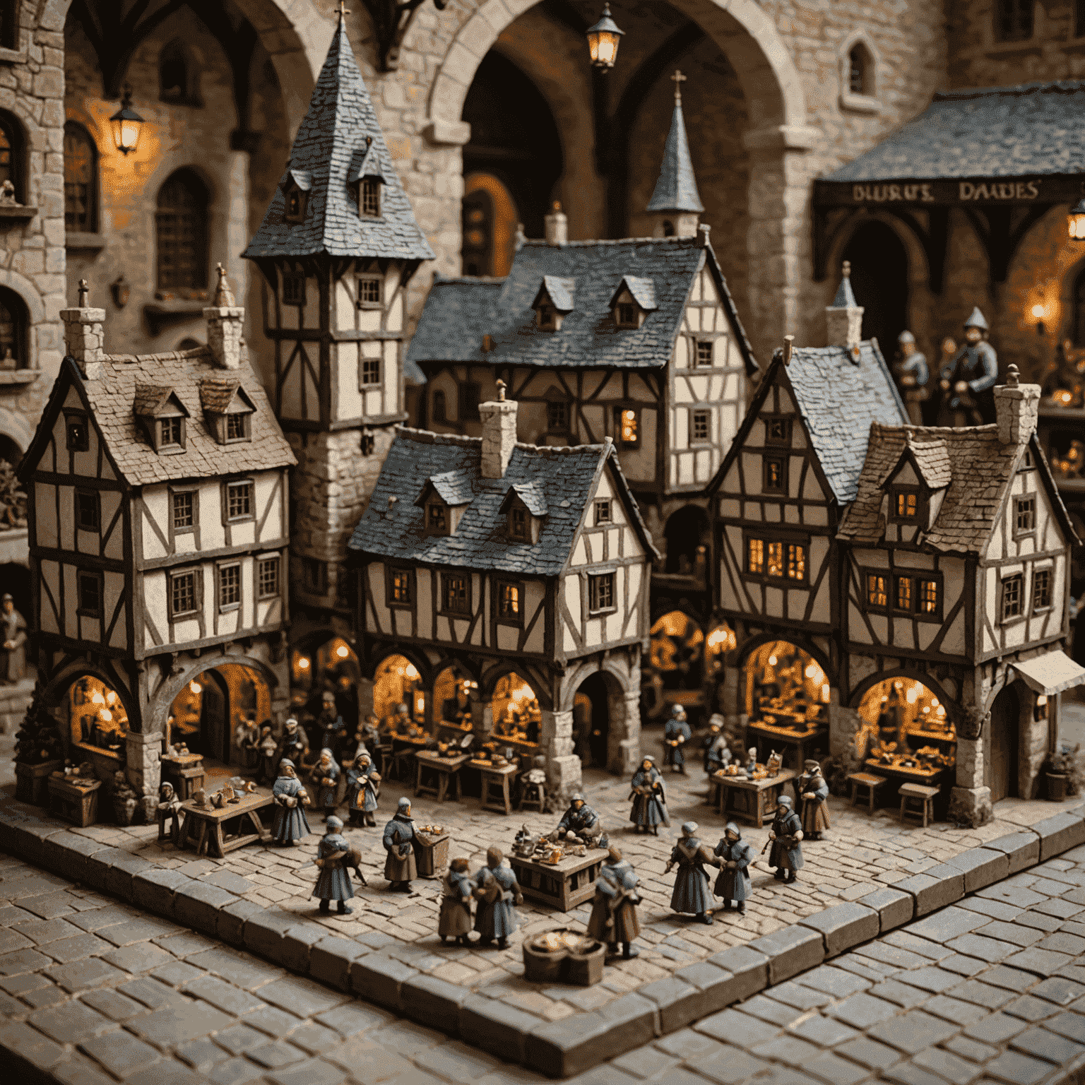 A miniature diorama showcasing a bustling medieval town square. Tiny figures, buildings, and intricate details bring the scene to life.