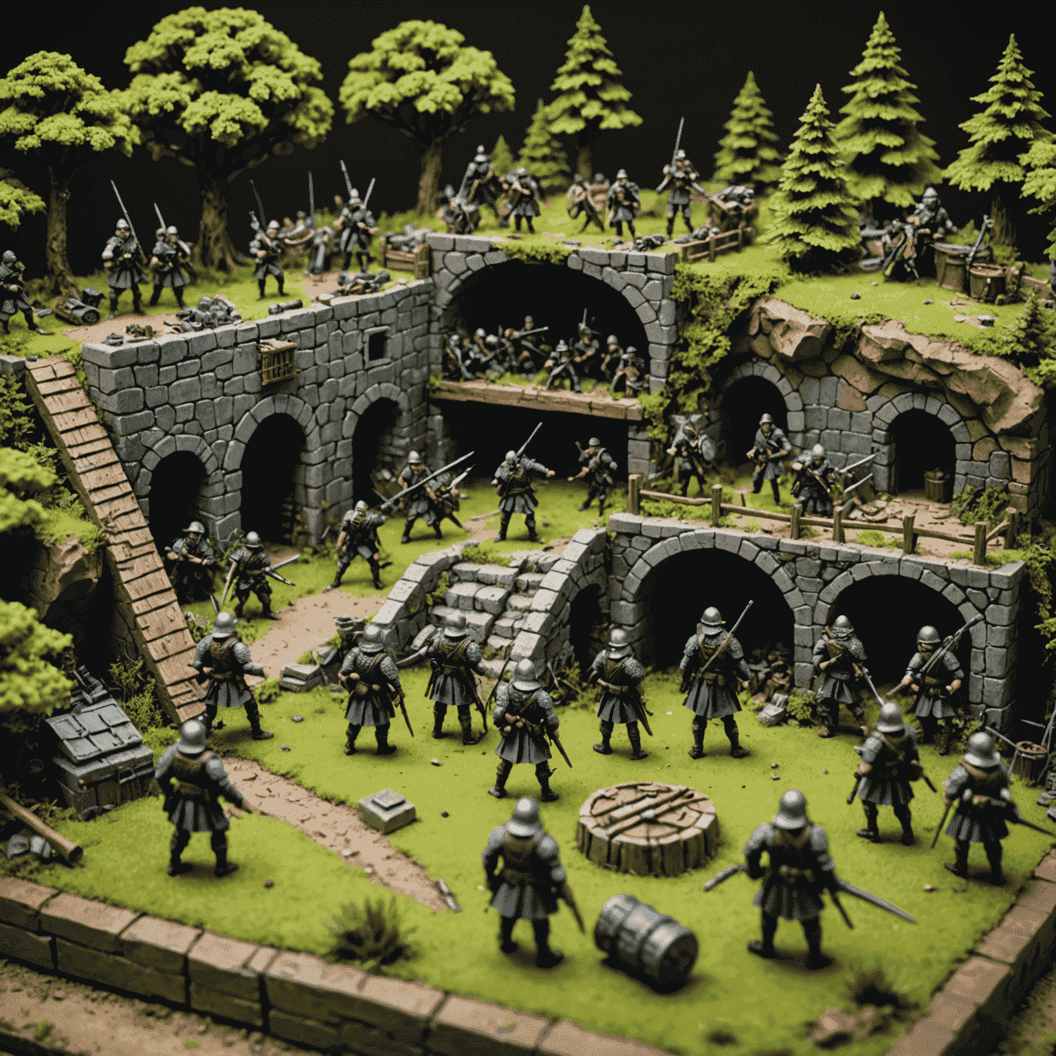 A detailed miniature diorama showcasing a fantasy battlefield with tiny soldiers and terrain