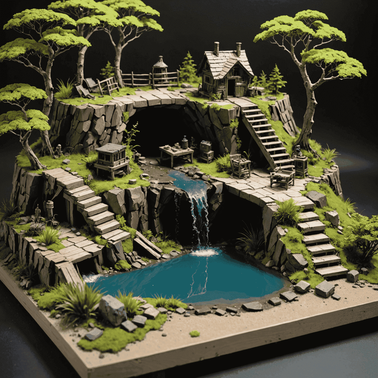 A step-by-step process of creating a diorama base, showing materials, cutting, texturing, and painting stages