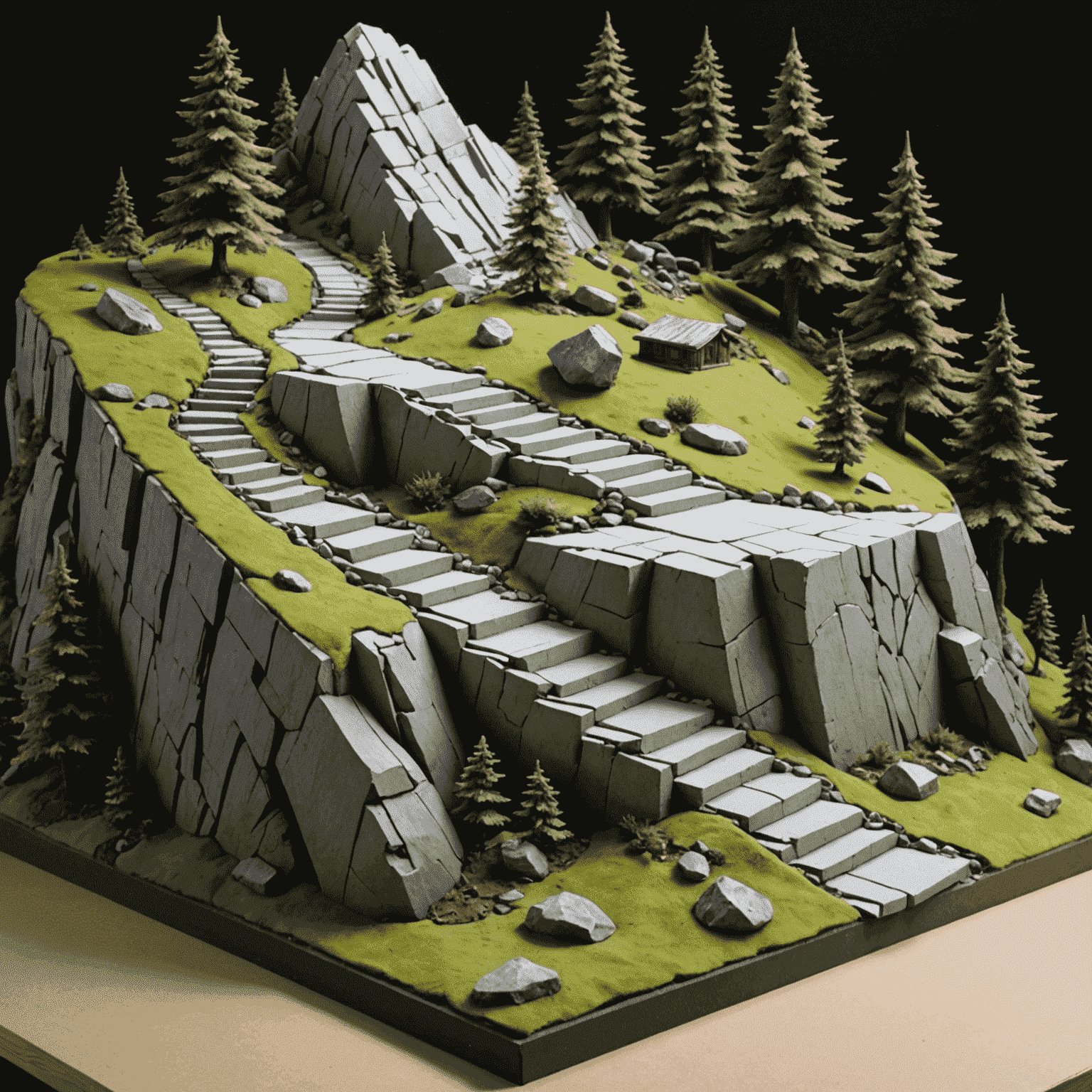 A step-by-step demonstration of terrain building techniques, showing foam board being cut, shaped, and textured to form a miniature hillside with rocky outcroppings.