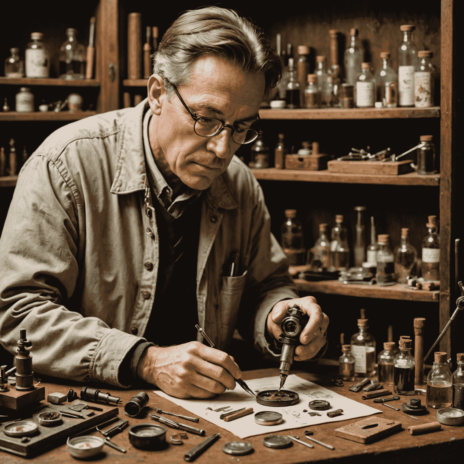 A collector carefully examining a rare miniature under magnification, surrounded by tools for cleaning and maintaining miniatures