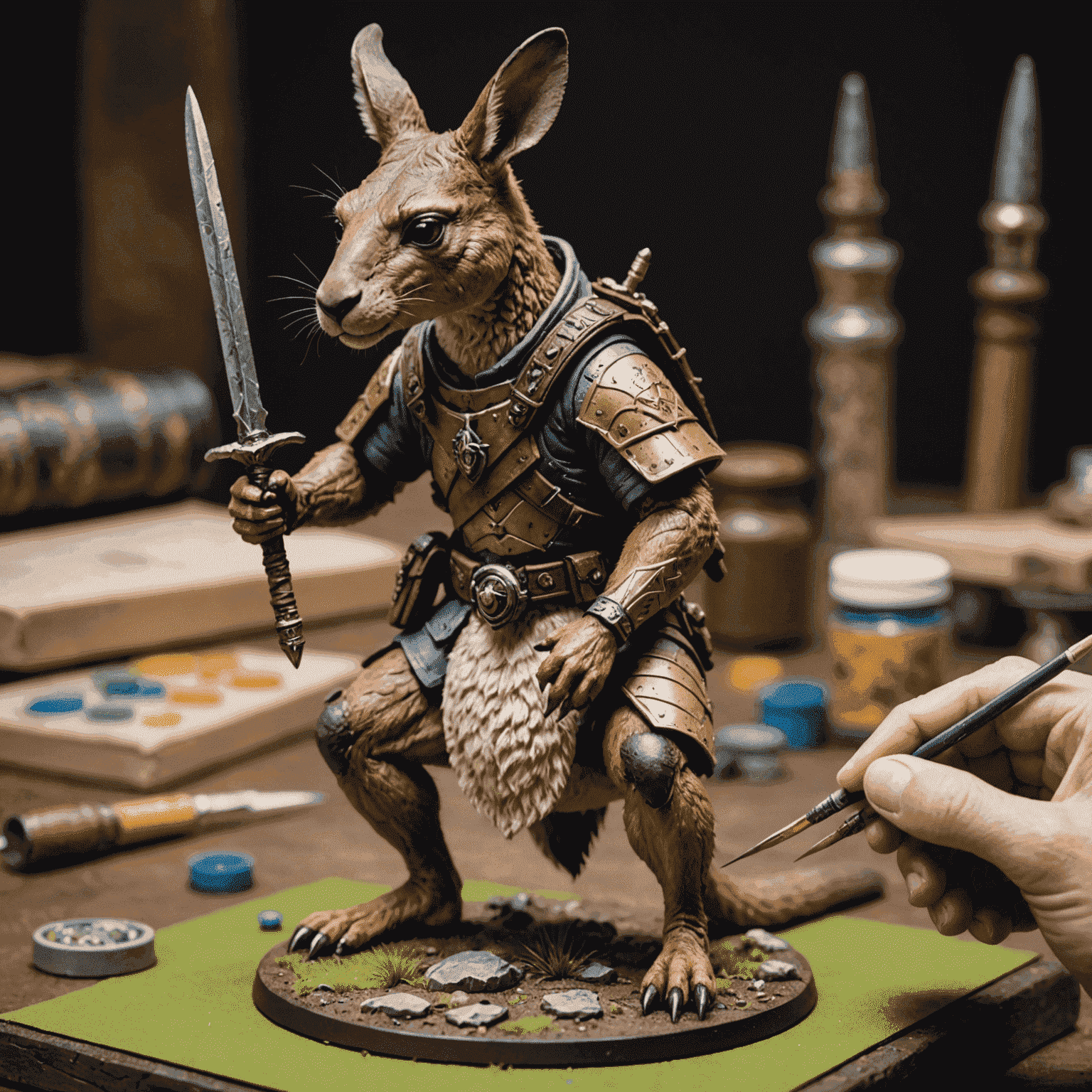 An Australian miniature artist meticulously painting a detailed miniature of a kangaroo warrior for a fantasy board game