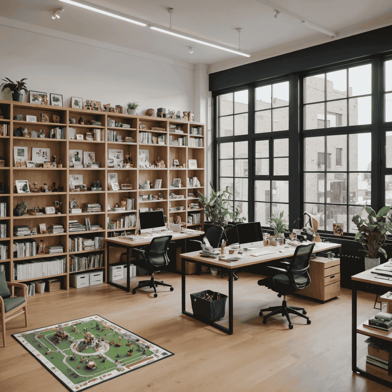 The Xaltran office in Fitzroy, Melbourne. A modern space with large windows, filled with workstations displaying various miniature projects in progress. Shelves lined with colorful miniature models and board games can be seen in the background.