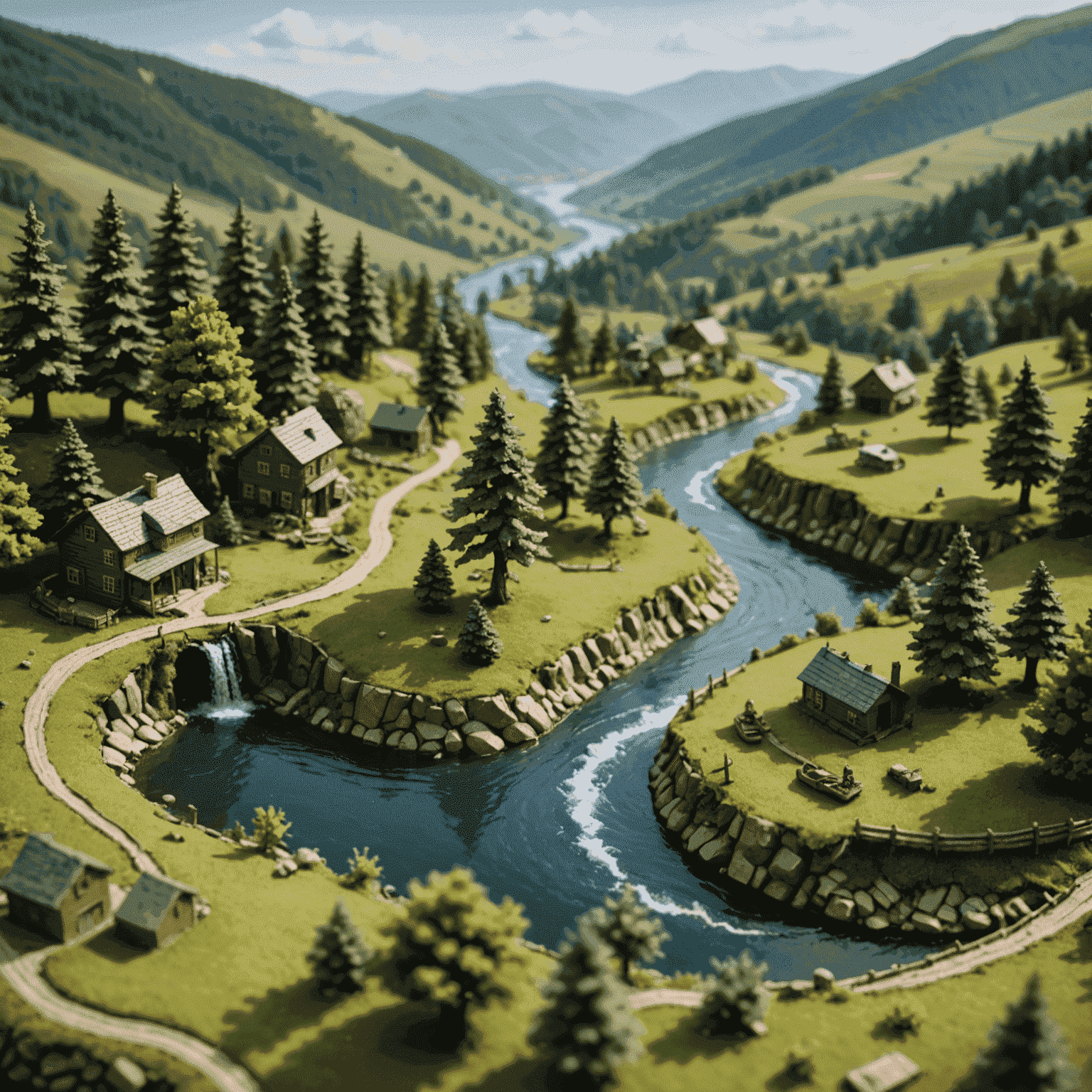 A miniature landscape featuring rolling hills, trees, and a winding river. Various materials and tools used in terrain building are visible in the foreground.