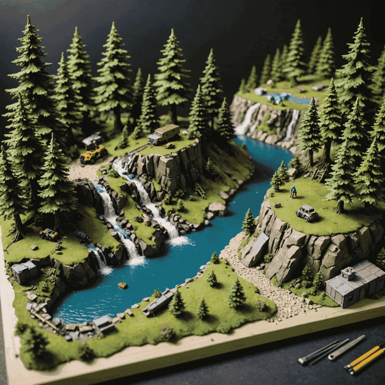 A work-in-progress miniature terrain featuring hills, trees, and a river, with tools and materials scattered around