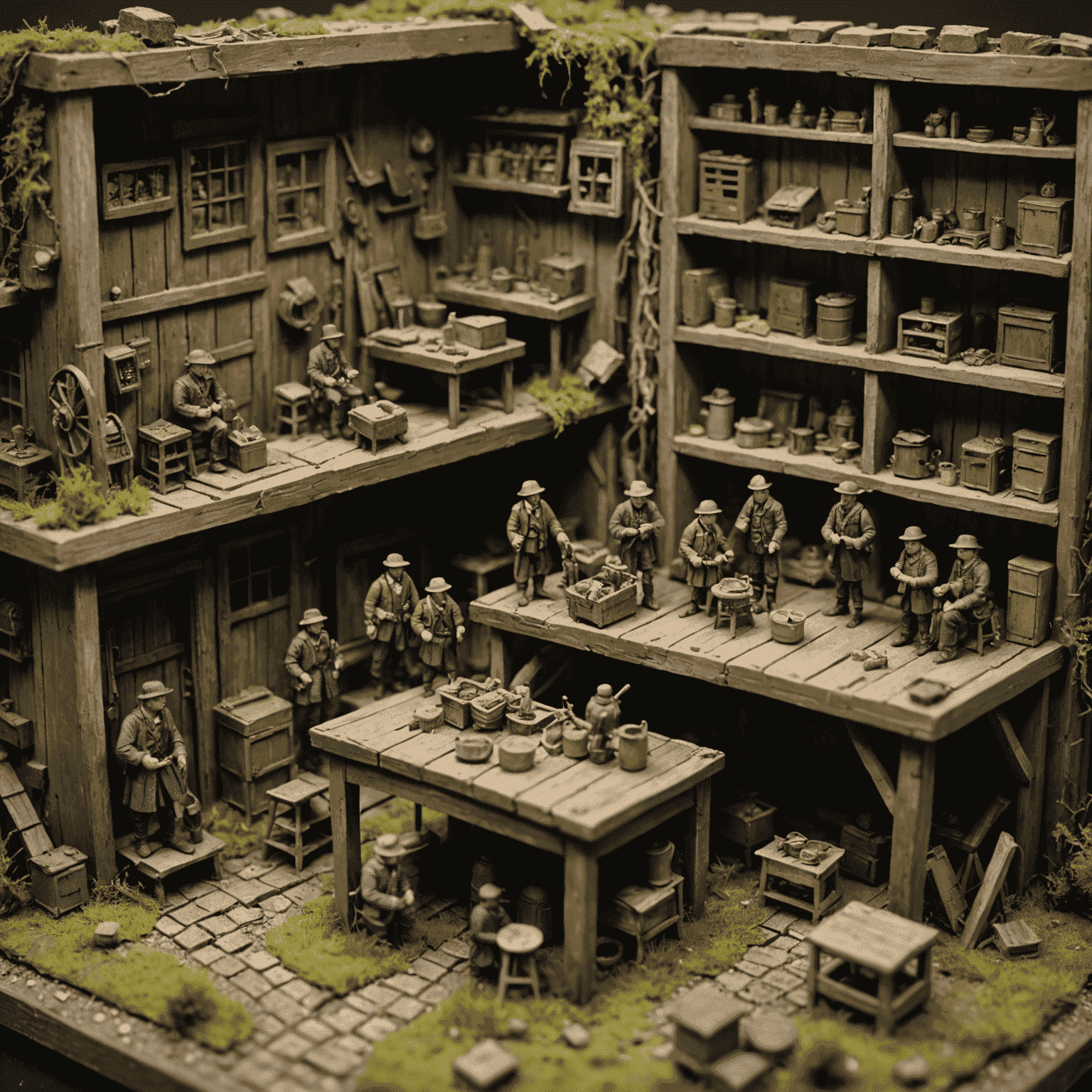 Close-up of a diorama section showing intricate details such as miniature figures, tiny props, and weathered surfaces