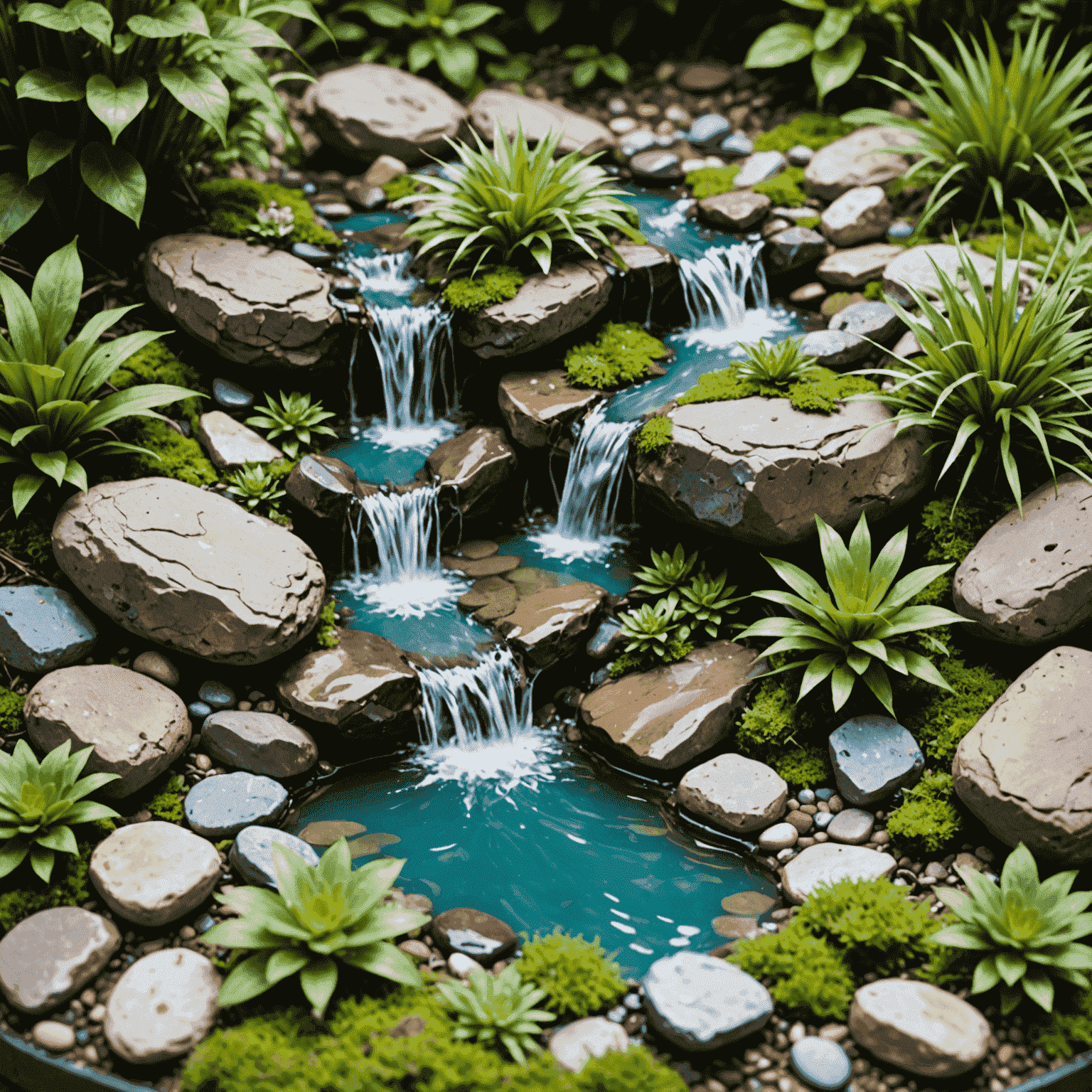 A close-up of a miniature water feature, showing a small stream with epoxy resin 'water' flowing over painted rocks, surrounded by carefully placed vegetation and terrain details.