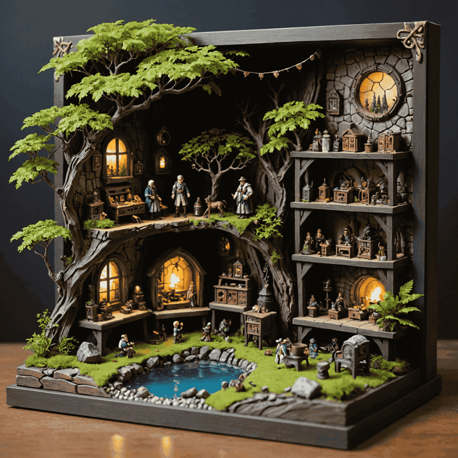 A beautifully arranged diorama featuring various rare miniatures in a fantasy setting, showcasing the collector's creativity in displaying their prized pieces