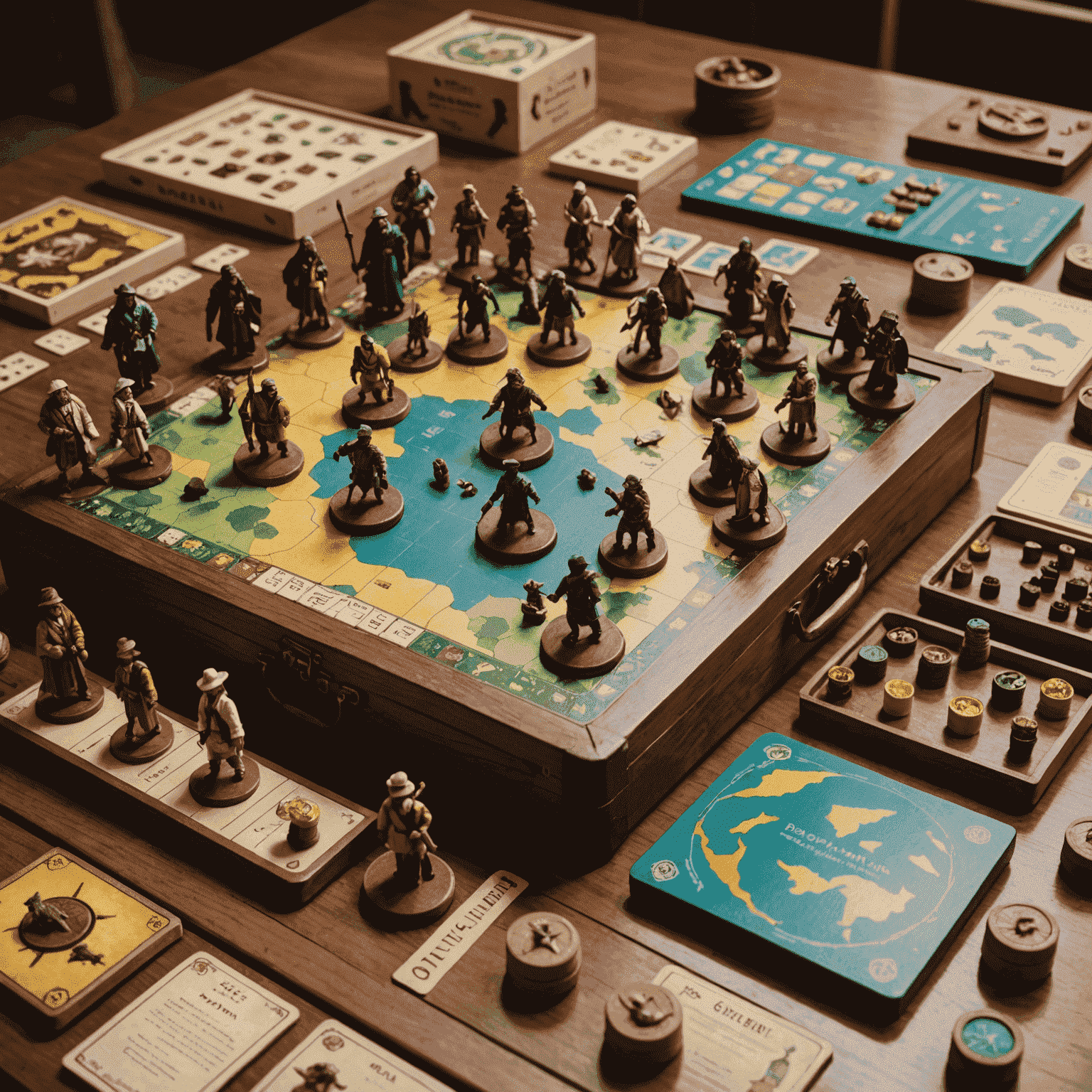 A table display of various Australian-themed board games with their accompanying miniatures, including Aboriginal dreamtime creatures and colonial-era figures