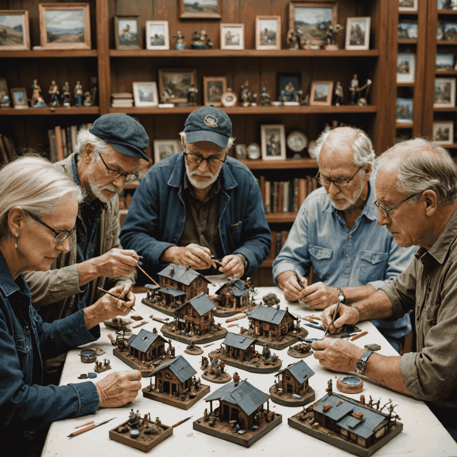 A group of Australian miniature enthusiasts gathered around a table, painting and discussing their creations